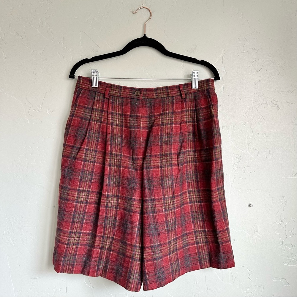 Pendleton Vintage Women Red Gray Plaid 100% Wool Shorts Preppy Fall‎ Size 14 EUC